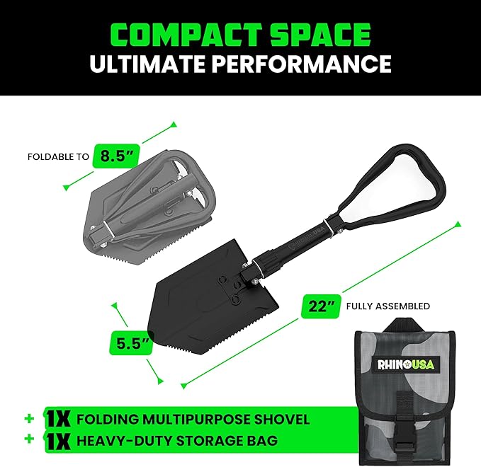 Folding Survival Shovel with Pick - Heavy-Duty Carbon Steel Military-Style Entrenching Tool for Camping, Off-Roading, Gardening, Beach, Digging Dirt, Sand, Mud, and Snow.