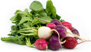fresh radishes with green leafy tops in rustic basket

