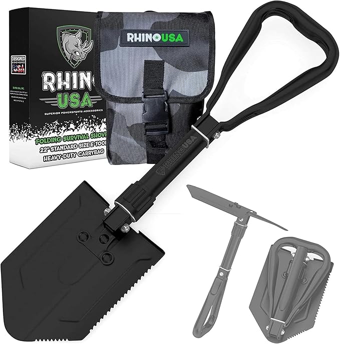 Folding Survival Shovel with Pick - Heavy-Duty Carbon Steel Military-Style Entrenching Tool for Camping, Off-Roading, Gardening, Beach, Digging Dirt, Sand, Mud, and Snow.