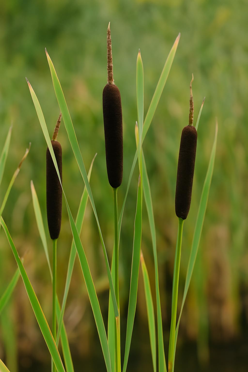 Close-up of the iconic brown cattail flower head of the Bulrush plant