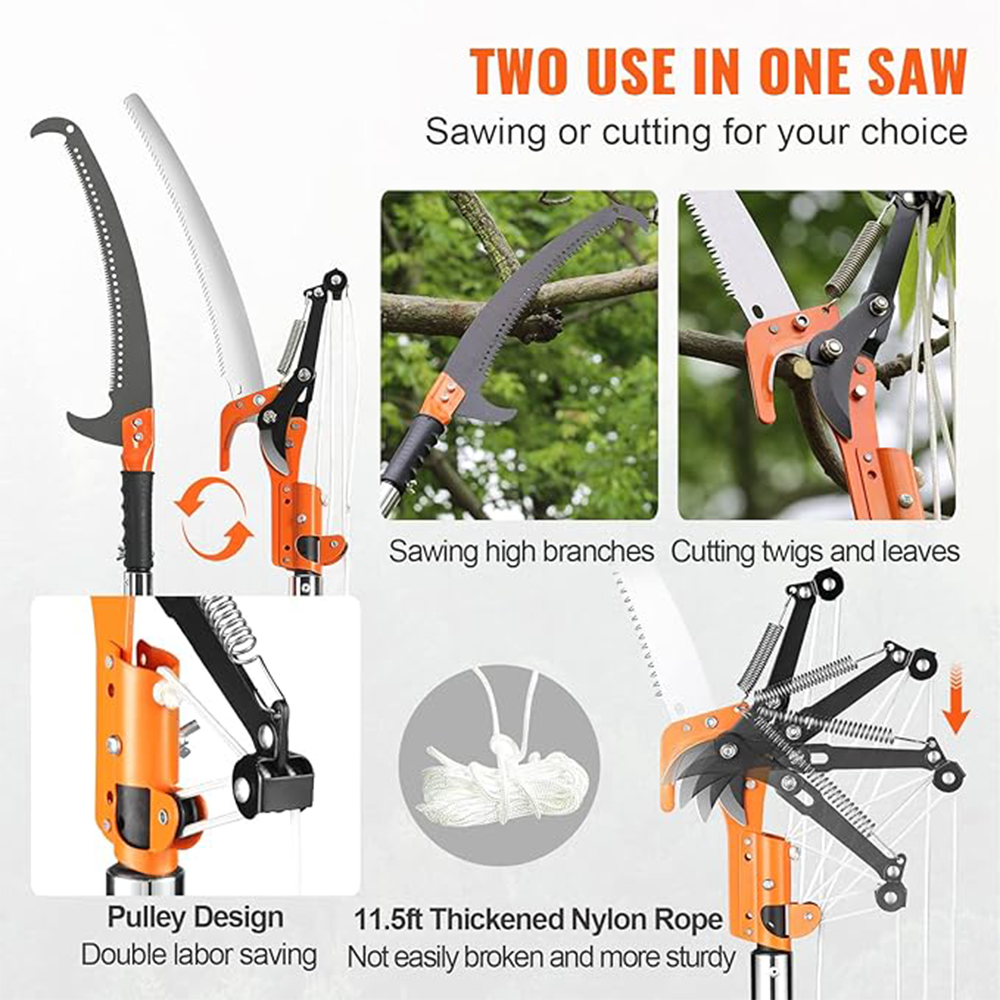 Manual Pole Saw 7.3-27 ft Extendable Tree Pruner - Sharp Steel Blade & Lightweight Fiberglass Handles for High Branches Trimming