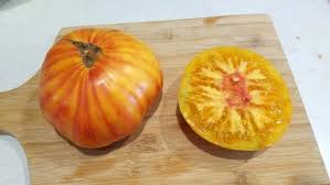 close-up of sliced Copia tomato showing juicy red and golden marbled flesh

