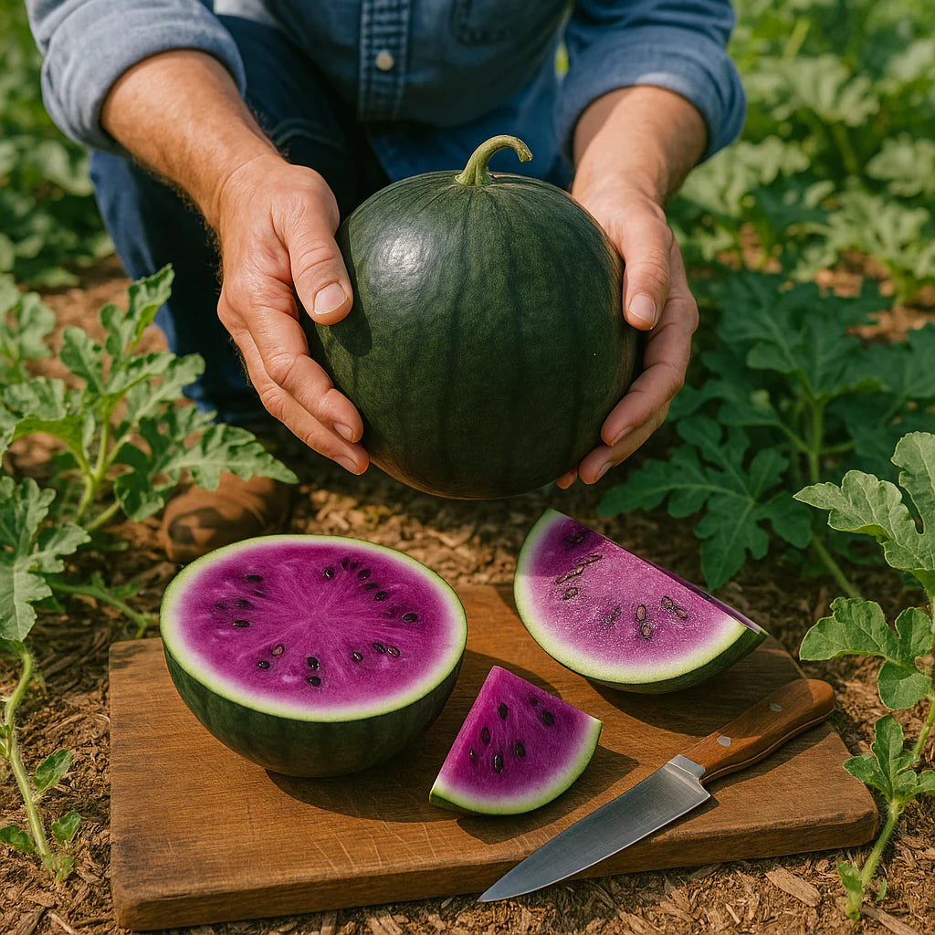 Purple watermelon plant growing from seed in garden bed