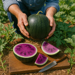 Purple watermelon plant growing from seed in garden bed
