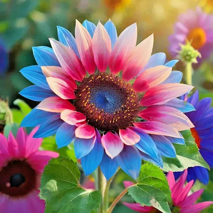 Rare Twin-Blossom Blue Over Pink Sunflower Seeds Unique Variety Helianthus annuus heirloom non-gmo seeds